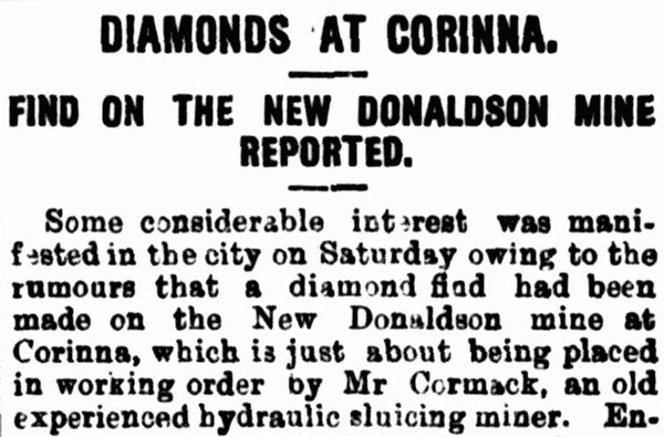 Early news report of the first find of Tasmanian diamonds, near Corinna