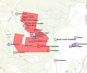 Mining leases (red) over Back Creek goldfield